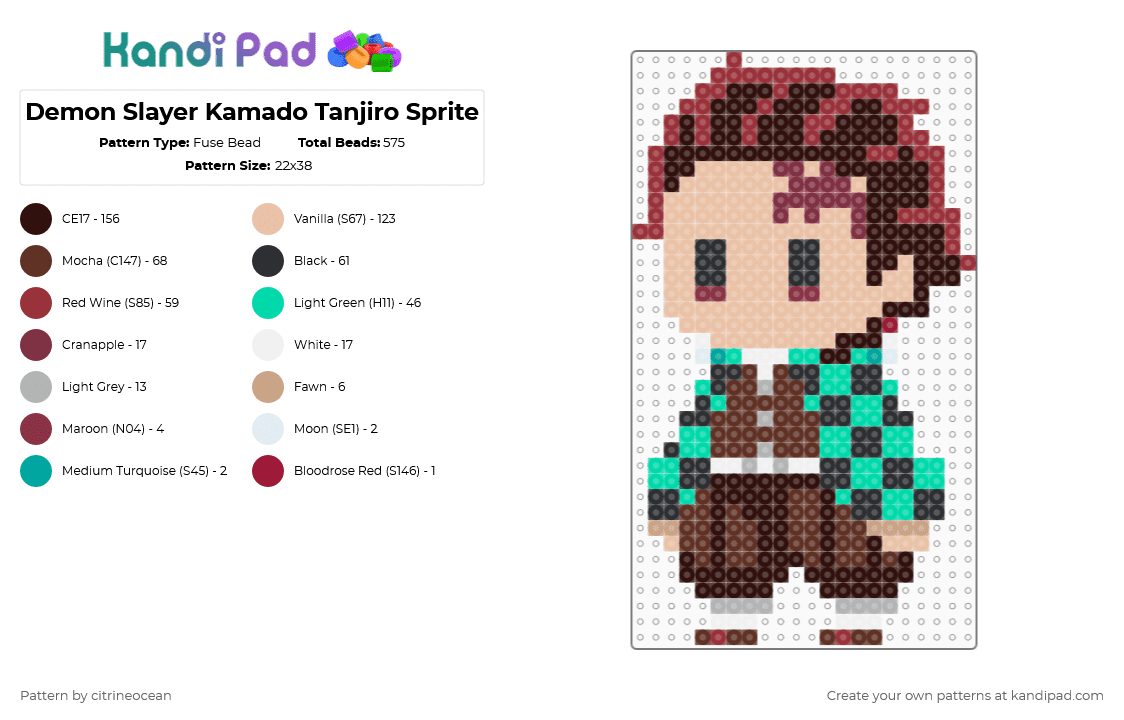Demon Slayer Kamado Tanjiro Sprite - Fuse Bead Pattern by citrineocean on Kandi Pad - brown,beige,anime,demon slayer,kimetsu no yaiba,tanjiro,kamado,kamado tanjiro