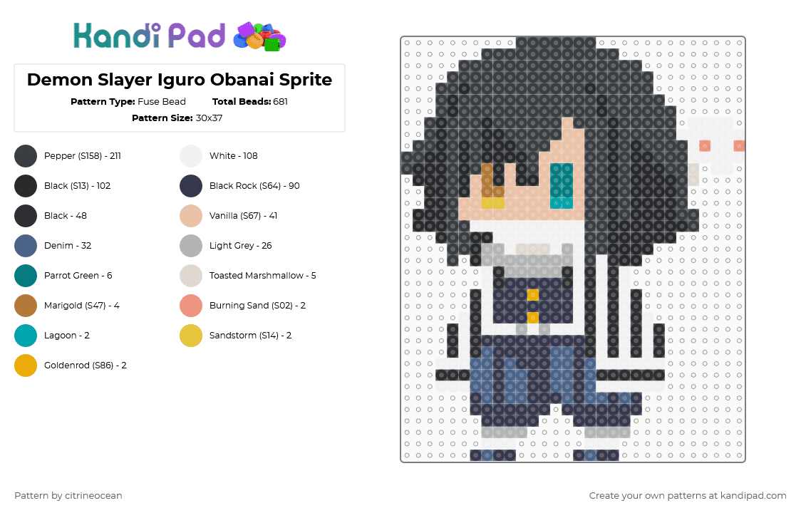 Demon Slayer Iguro Obanai Sprite - Fuse Bead Pattern by citrineocean on Kandi Pad - black,beige,blue,purple,anime,demon slayer,hashira,iguro obanai,iguro,obanai,kimetsu no yaiba