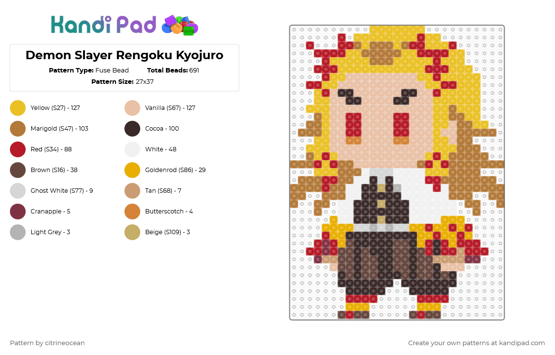 Demon Slayer Rengoku Kyojuro Sprite - Fuse Bead Pattern by citrineocean on Kandi Pad - yellow,tan,beige,brown,anime,demon slayer,kimetsu no yaiba,rengoku,rengoku kyojuro,hashira,kyojuro