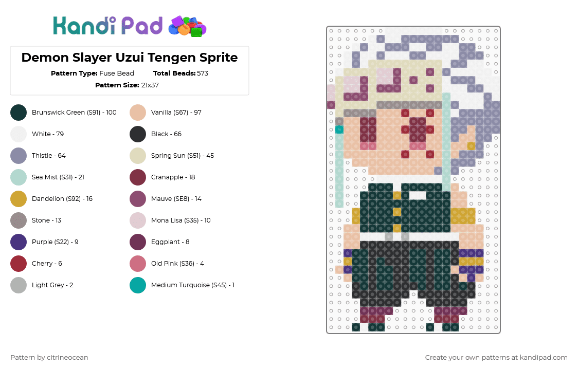Demon Slayer Uzui Tengen Sprite - Fuse Bead Pattern by citrineocean on Kandi Pad - gray,beige,demon slayer,kimetsu no yaiba,hashira,anime,manga,tengen,uzui tengen,uzui