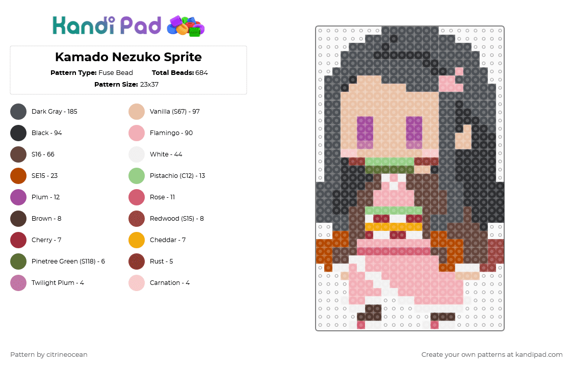 Kamado Nezuko Sprite - Fuse Bead Pattern by citrineocean on Kandi Pad - gray,beige,brown,demon slayer,kimetsu no yaiba,nezuko,kamado,kamado nezuko,nezuko kamado,anime