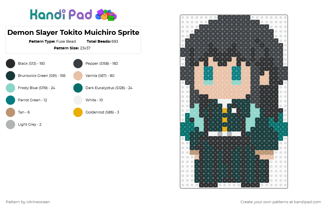 Demon Slayer Tokito Muichiro Sprite - Fuse Bead Pattern by citrineocean on Kandi Pad - black,teal,beige,demon slayer,kimetsu no yaiba,anime,muichiro,tokito,hashira,tokito muichiro