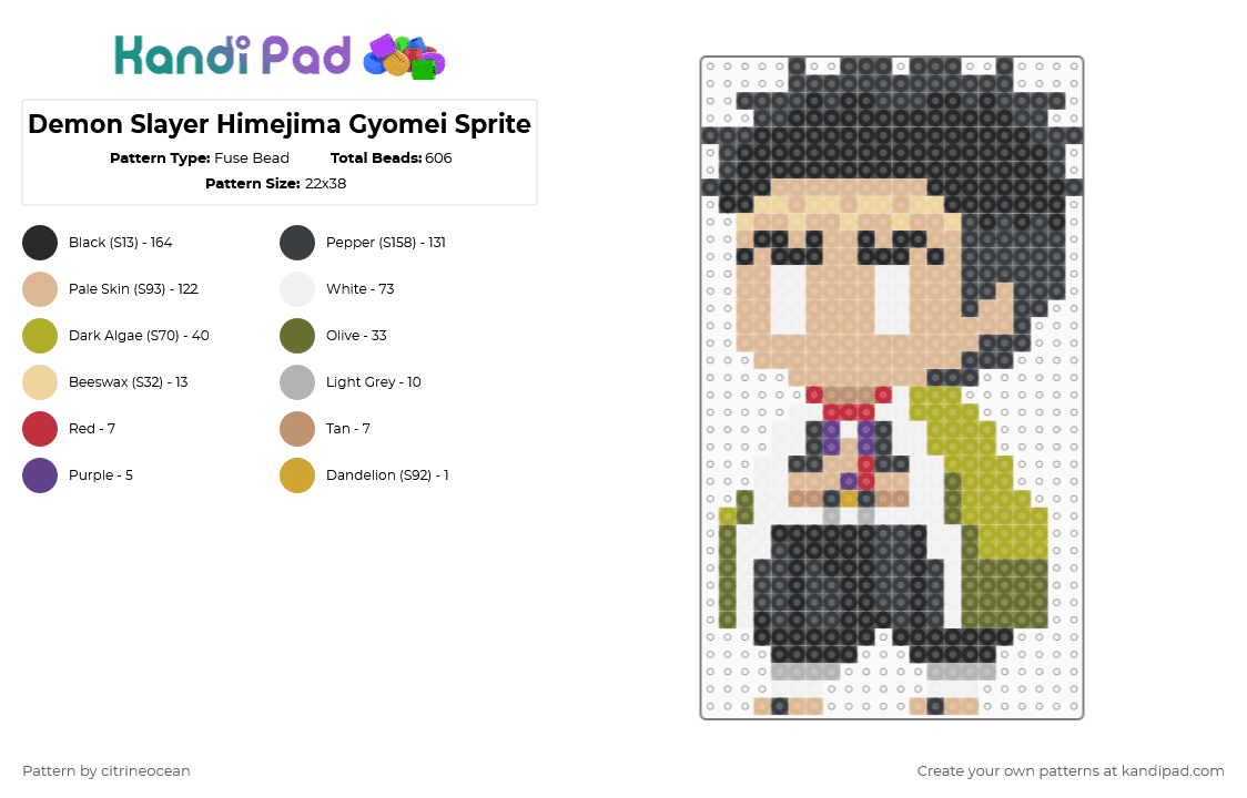 Demon Slayer Himejima Gyomei Sprite - Fuse Bead Pattern by citrineocean on Kandi Pad - black,beige,green,demon slayer,kimetsu no yaiba,anime,hashira,himejima,gyomei,himejima gyomei