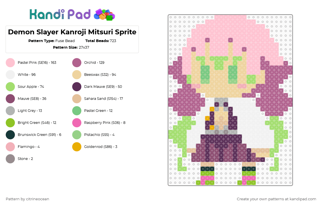 Demon Slayer Kanroji Mitsuri Sprite - Fuse Bead Pattern by citrineocean on Kandi Pad - pink,beige,demon slayer,kimetsu no yaiba,mitsuri,kanroji,anime,kanroji mitsuri,hashira