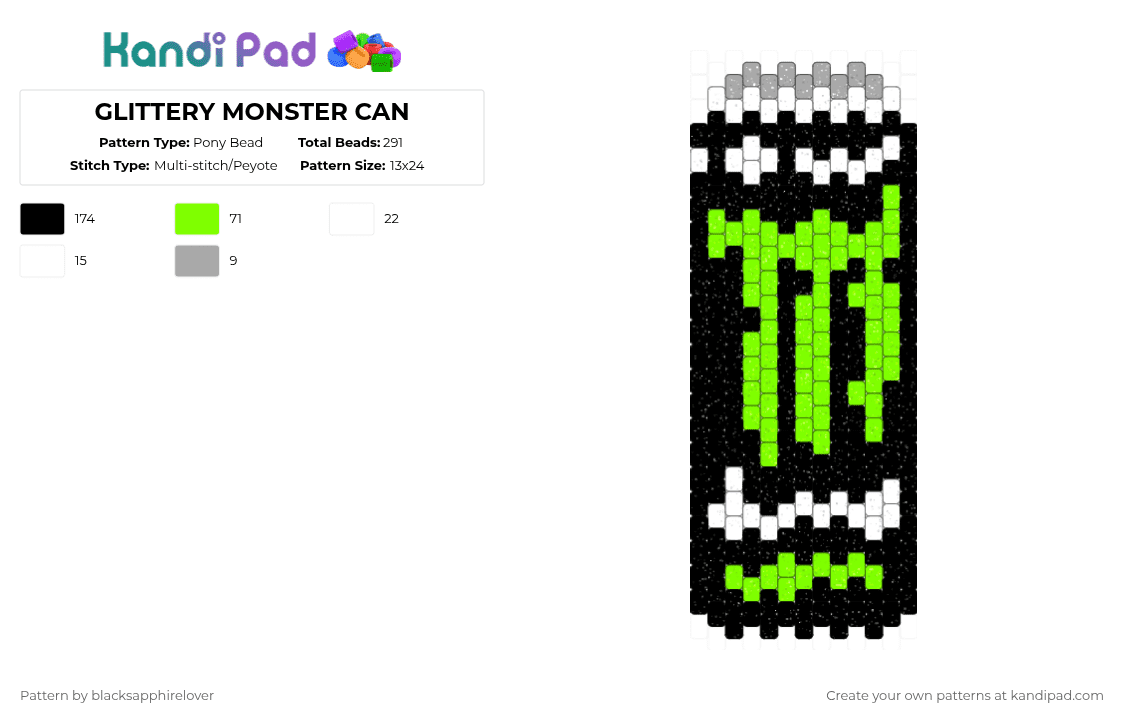 GLITTERY MONSTER CAN - Pony Bead Pattern by blacksapphirelover on Kandi Pad - monster,energy,drink,can,charm,beverage,soda,food,black,green