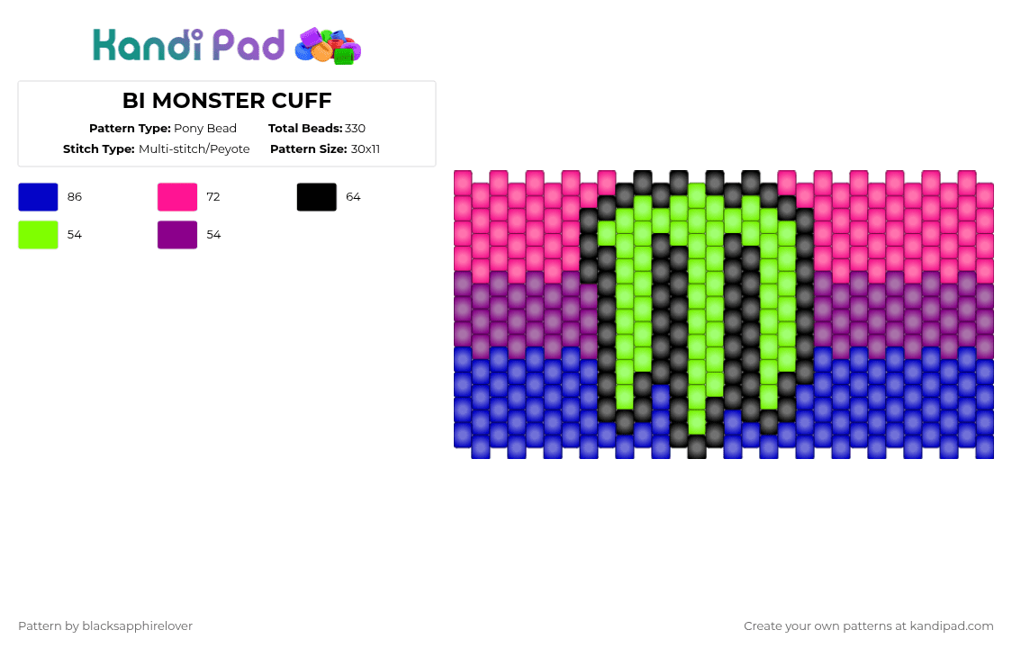 BI MONSTER CUFF - Pony Bead Pattern by blacksapphirelover on Kandi Pad - purple,pink