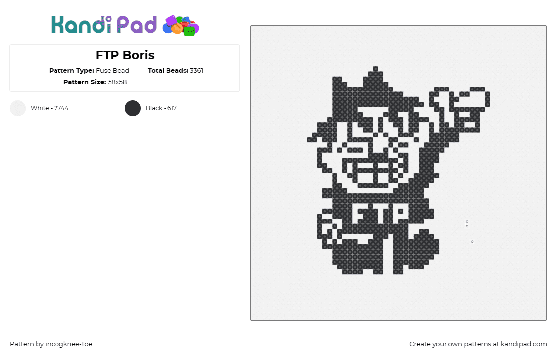 FTP Boris - Fuse Bead Pattern by incogknee-toe on Kandi Pad - boris,ftp,rocky,bullwinkle,animation,cartoon,character,monochrome,black