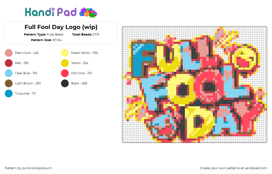 Full Fool Day Logo (wip) - Fuse Bead Pattern by punkrockopossum on Kandi Pad - full fool day,nikke,goddess of victory,video game,colorful,sign,playful