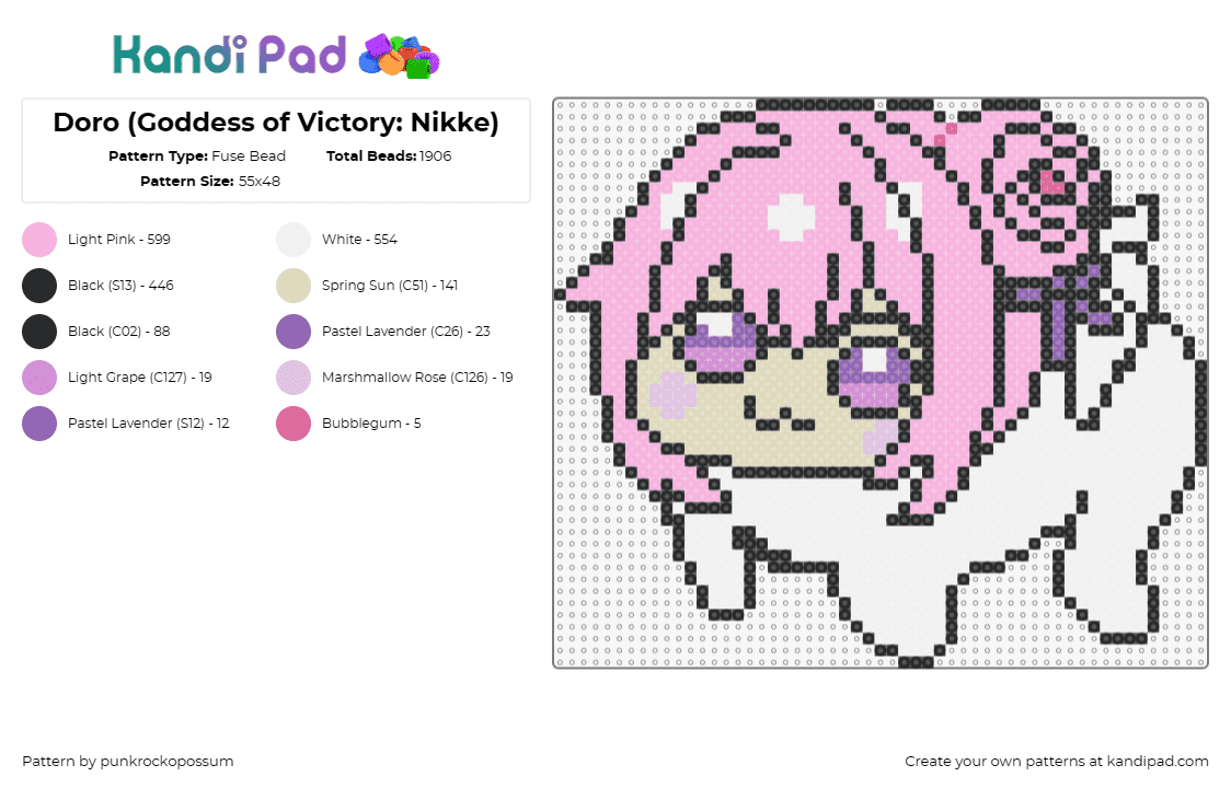 Doro (Goddess of Victory: Nikke) - Fuse Bead Pattern by punkrockopossum on Kandi Pad - doro,nikke,meme,goddess of victory,anime,cute,funny,manga,video game,pink,white