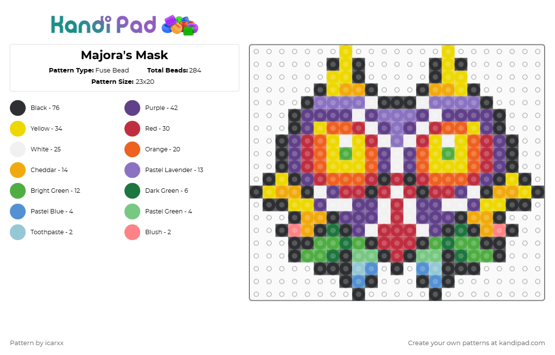 Majora\'s Mask - Fuse Bead Pattern by icarxx on Kandi Pad - red,orange,yellow,purple,zelda,the legend of zelda,loz,majora,majoras mask,mask,creepy