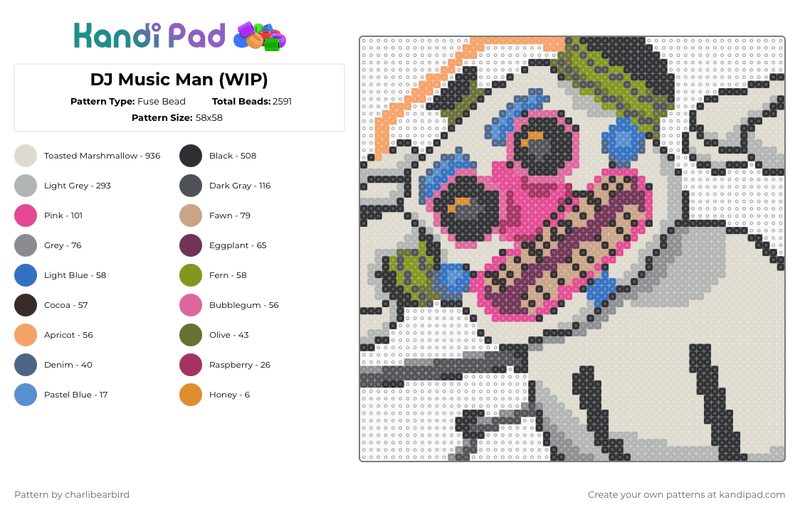 DJ Music Man (WIP) - Fuse Bead Pattern by charlibearbird on Kandi Pad - beige, pink