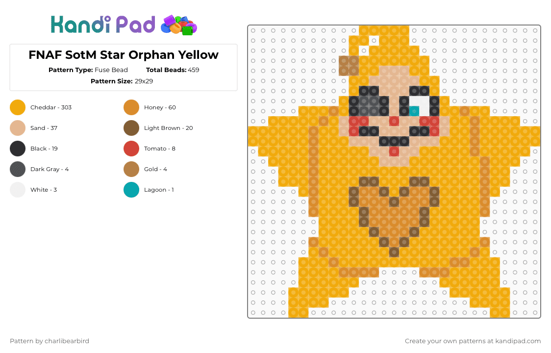 FNAF SotM Star Orphan Yellow - Fuse Bead Pattern by charlibearbird on Kandi Pad - orange,fnaf,five nights at freddys,secret of the mimic,star orphan,scott cawthon,steel wool studios,murrays costume manor,star orphan night light