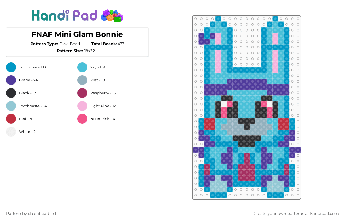 FNAF Mini Glam Bonnie - Fuse Bead Pattern by charlibearbird on Kandi Pad - light blue,fnaf,five nights at freddys,security breach,ruin,bonnie,glamrock bonnie,scott cawthon,steel wool studios