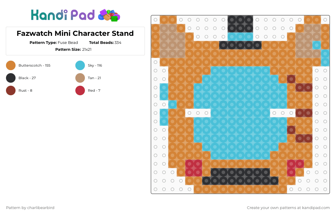 Fazwatch Mini Character Stand - Fuse Bead Pattern by charlibearbird on Kandi Pad - orange,light blue,fnaf,five nights at freddys,fazwatch,freddy fazbear,scott cawthon,steel wool studios,glamrock freddy