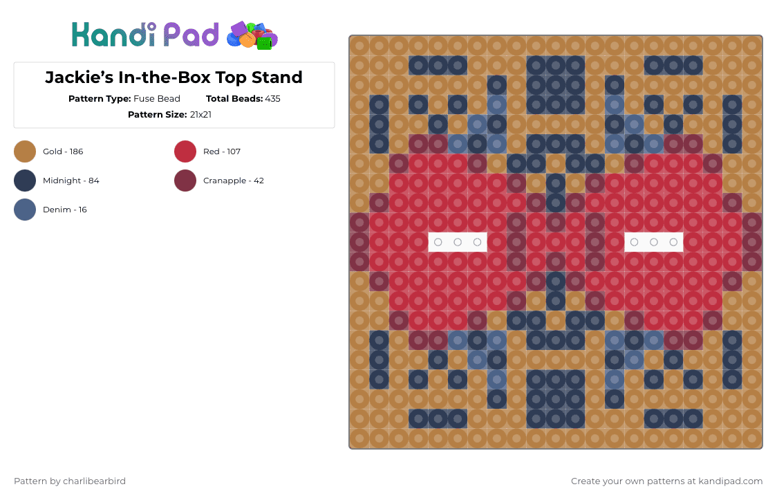 Jackie’s In-the-Box Top Stand - Fuse Bead Pattern by charlibearbird on Kandi Pad - tan,red,purple,fnaf,five nights at freddys,secret of the mimic,jackie,jack in the box,scott cawthon,steel wool studios,clown