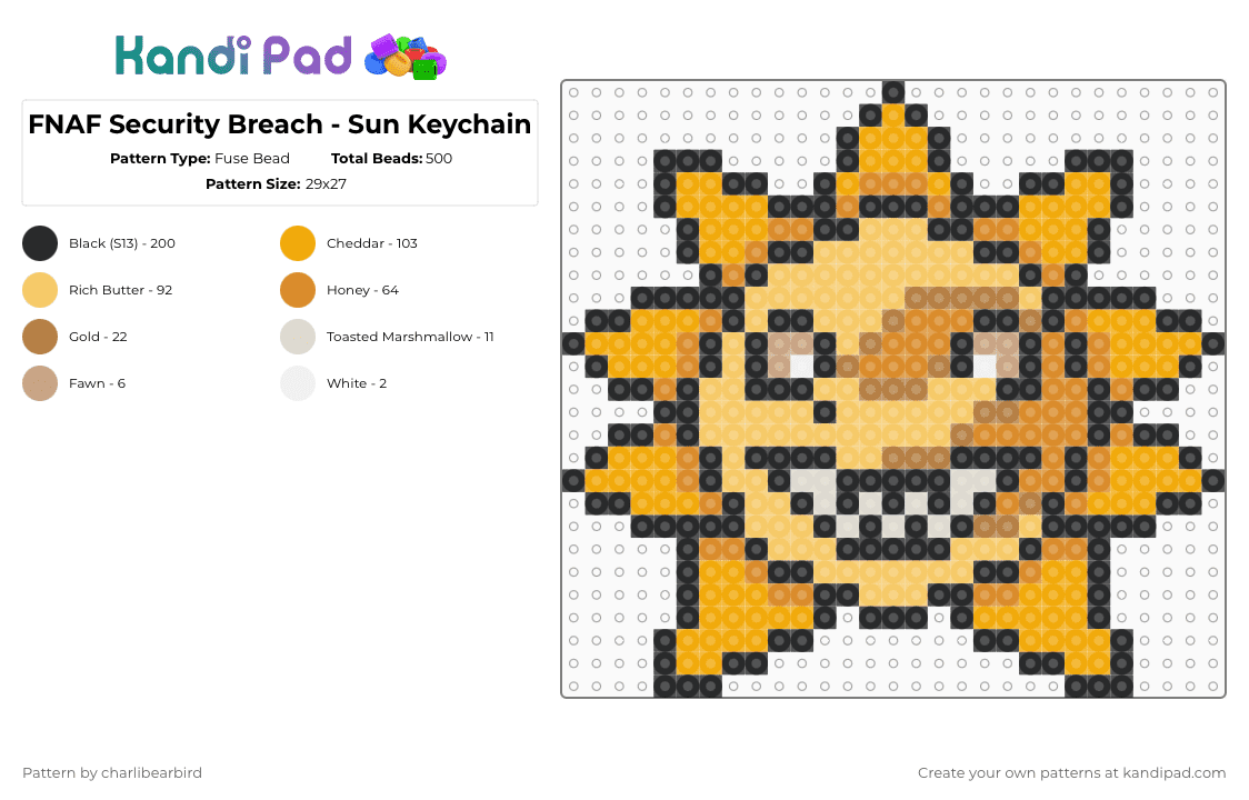 FNAF Security Breach - Sun Keychain - Fuse Bead Pattern by charlibearbird on Kandi Pad - yellow,orange,fnaf,five nights at freddys,security breach,fnaf security breach,sun,scott cawthon,steel wool studios,fnaf daycare attendant
