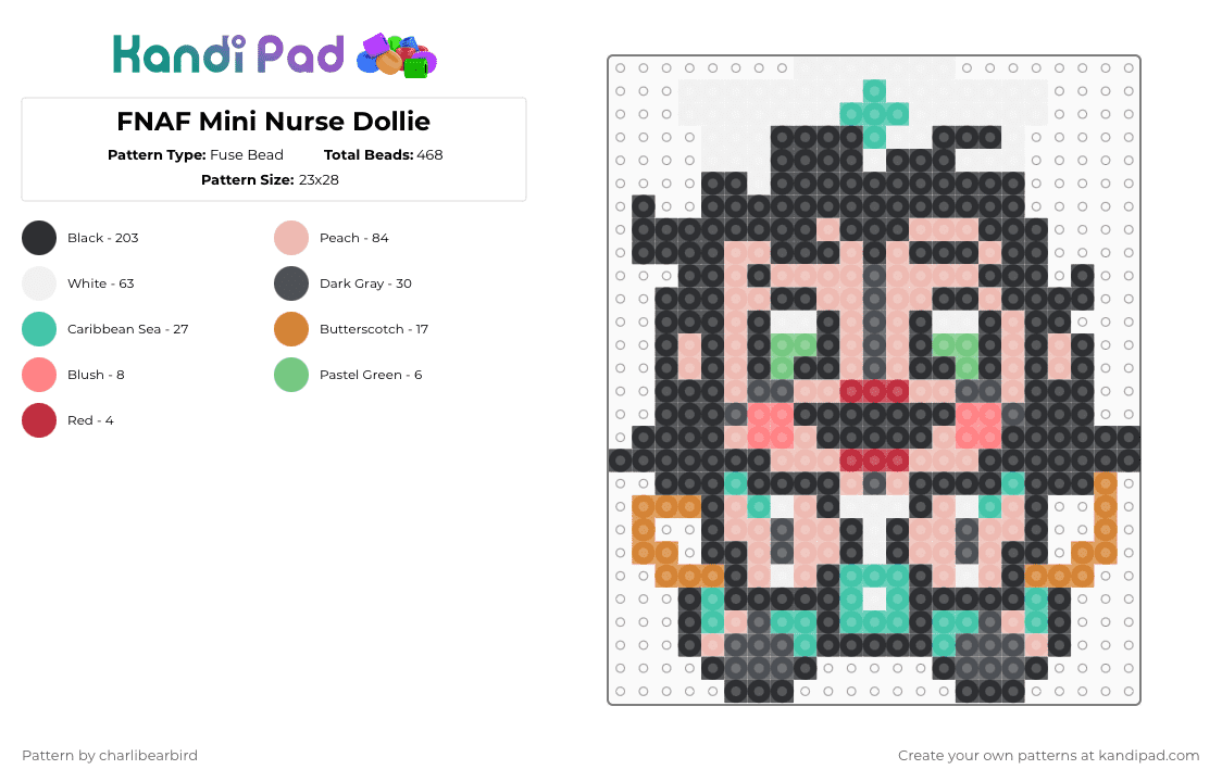 FNAF Mini Nurse Dollie - Fuse Bead Pattern by charlibearbird on Kandi Pad - black,beige,teal,fnaf,five nights at freddys,secret of the mimic,nurse dollie,murrays costume manor,scott cawthon,steel wool studios