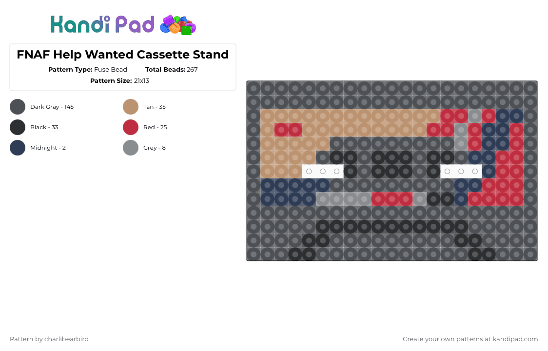 FNAF Help Wanted Cassette Stand - Fuse Bead Pattern by charlibearbird on Kandi Pad - gray,fnaf,five nights at freddys,help wanted,scott cawthon,steel wool studios,tape girl