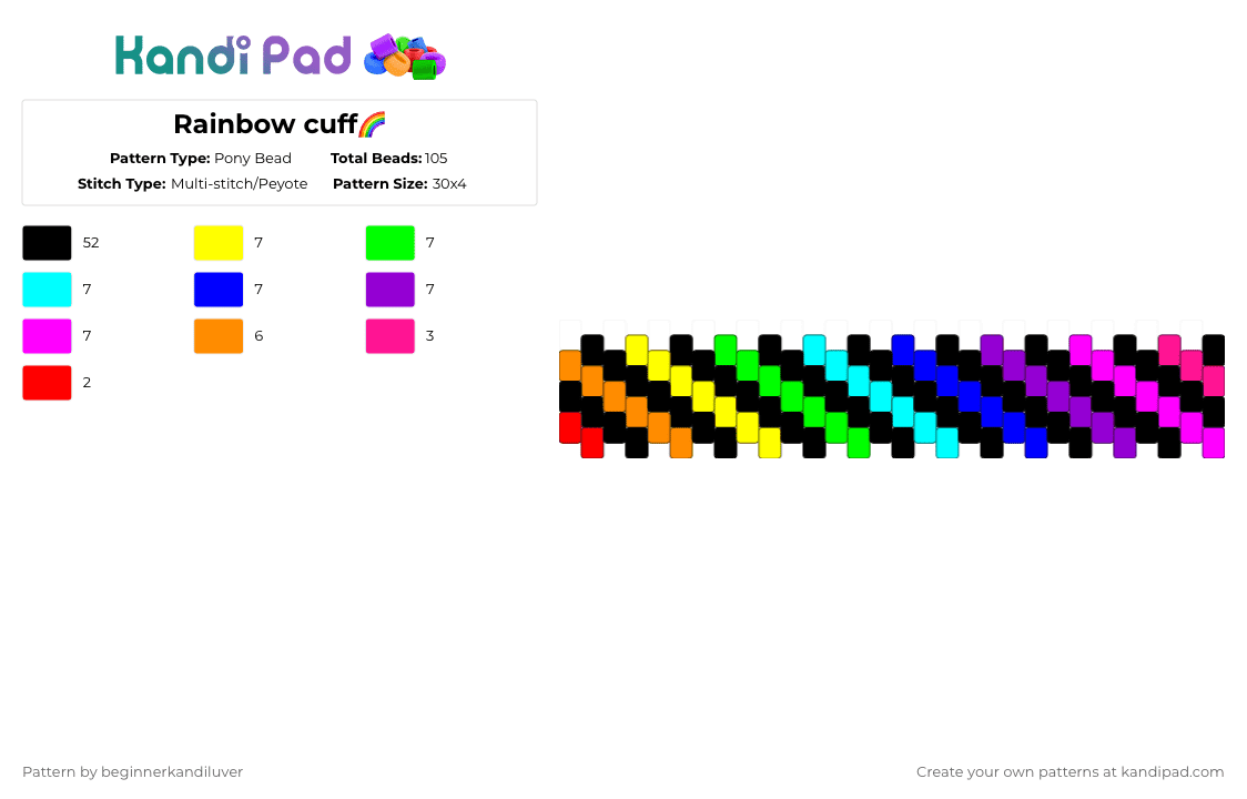 Rainbow cuff🌈 - Pony Bead Pattern by beginnerkandiluver on Kandi Pad - black,green,purple,colorful