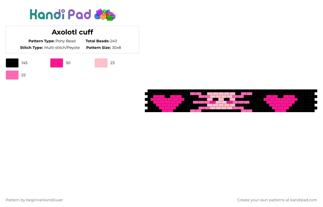 Axolotl cuff - Pony Bead Pattern by beginnerkandiluver on Kandi Pad - pink,black,cotdaxolotls
