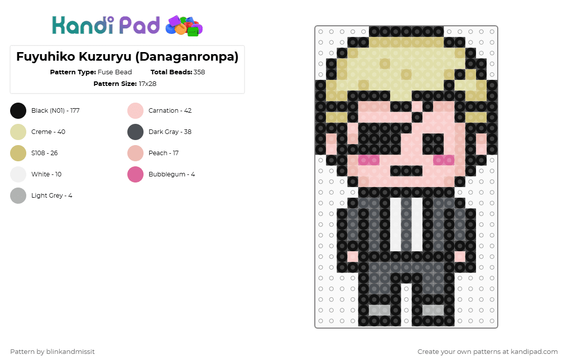 Fuyuhiko Kuzuryu (Danaganronpa) - Fuse Bead Pattern by blinkandmissit on Kandi Pad - black,beige,danganronpa,video games