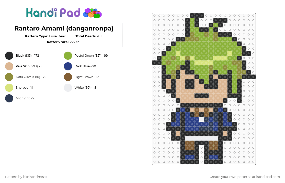 Rantaro Amami (danganronpa) - Fuse Bead Pattern by blinkandmissit on Kandi Pad - black,beige,green,video games,danganronpa