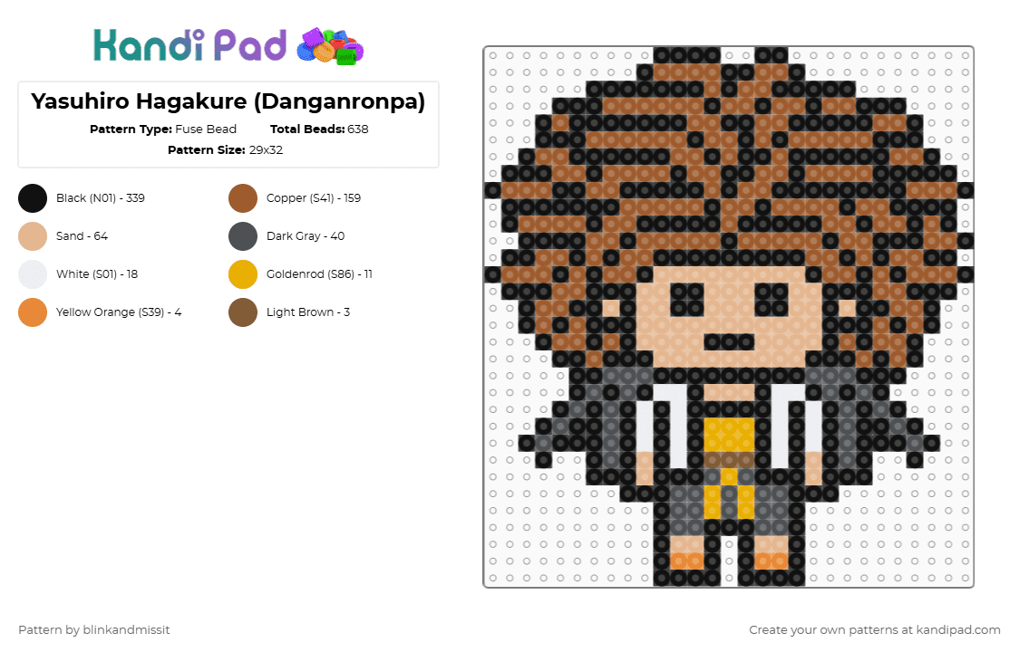 Yasuhiro Hagakure (Danganronpa) - Fuse Bead Pattern by blinkandmissit on Kandi Pad - black,tan