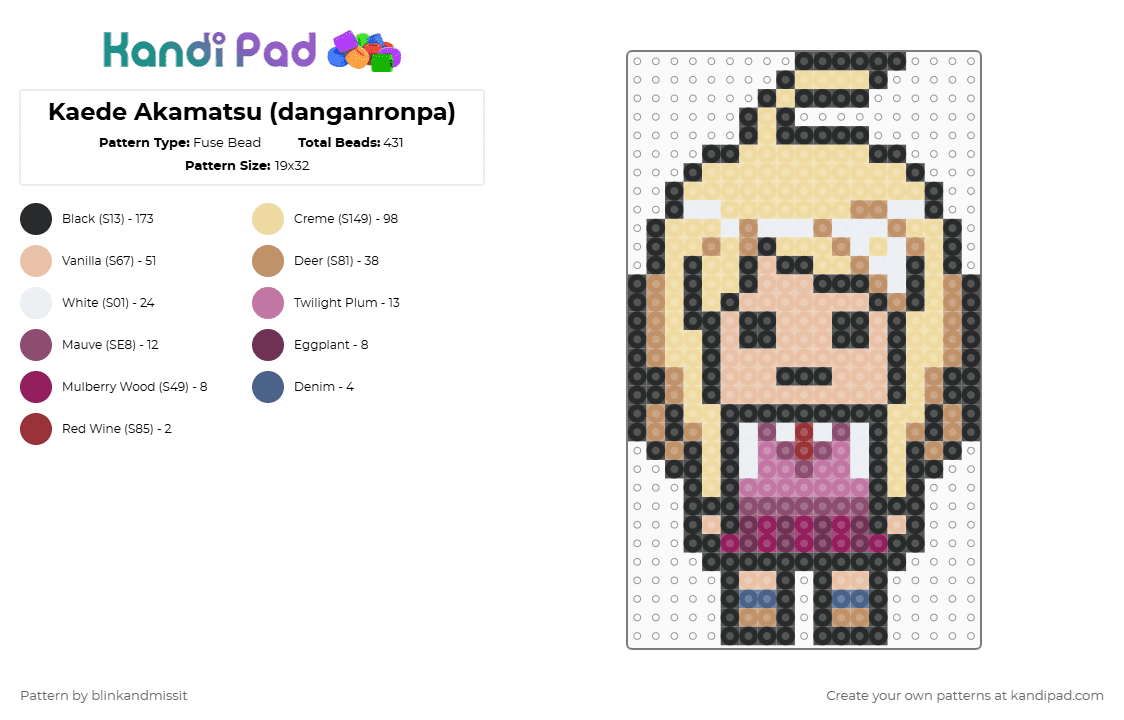 Kaede Akamatsu (danganronpa) - Fuse Bead Pattern by blinkandmissit on Kandi Pad - beige,video games,danganronpa