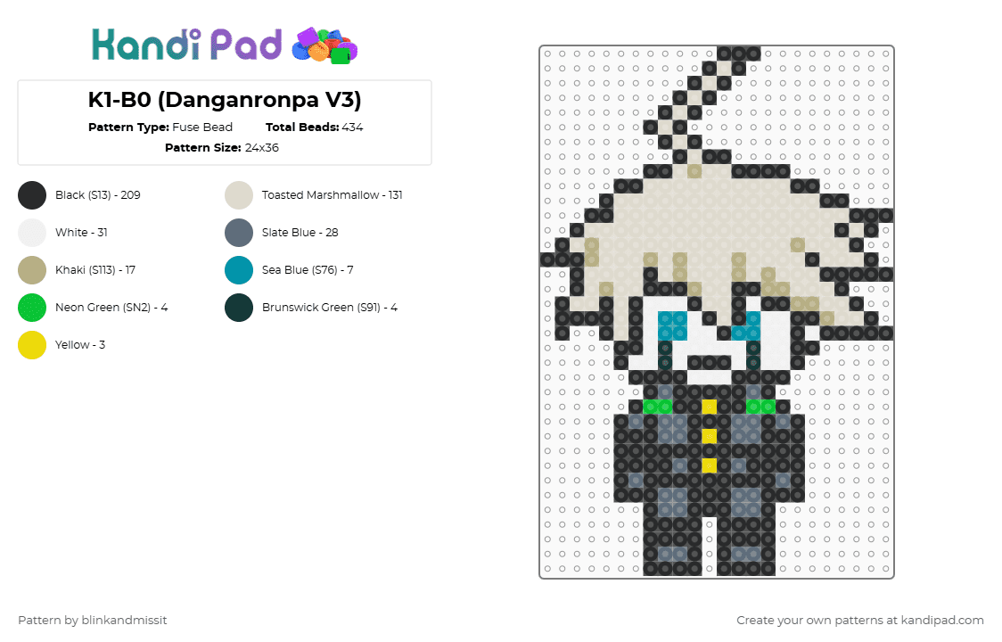 K1-B0 (Danganronpa V3) - Fuse Bead Pattern by blinkandmissit on Kandi Pad - black,beige,video games,danganronpa