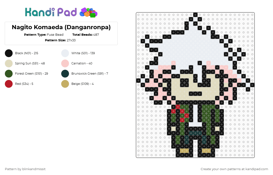 Nagito Komaeda (Danganronpa) - Fuse Bead Pattern by blinkandmissit on Kandi Pad - white,beige,video games,danganronpa