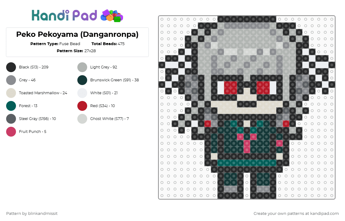Peko Pekoyama (Danganronpa) - Fuse Bead Pattern by blinkandmissit on Kandi Pad - black,gray,beige,video games,danganronpa