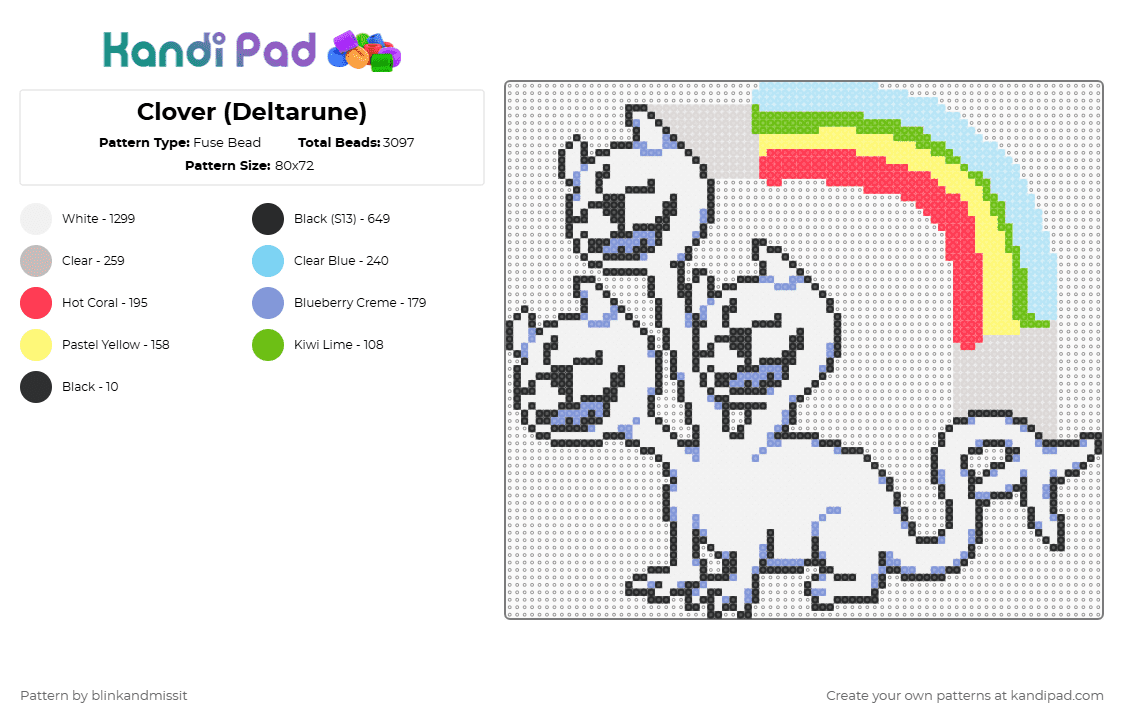 Clover (Deltarune) - Fuse Bead Pattern by blinkandmissit on Kandi Pad - white,light blue,beige,video games,deltarune