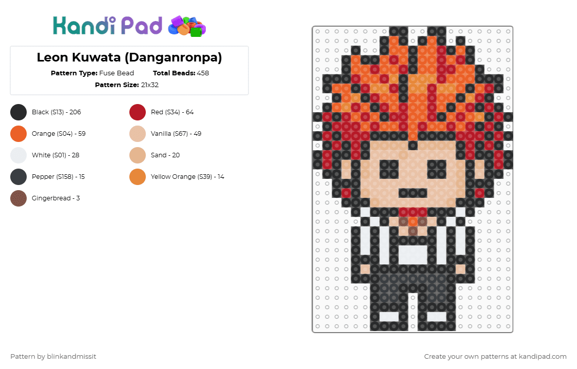 Leon Kuwata (Danganronpa) - Fuse Bead Pattern by blinkandmissit on Kandi Pad - black,red,beige,orange,video games,danganronpa