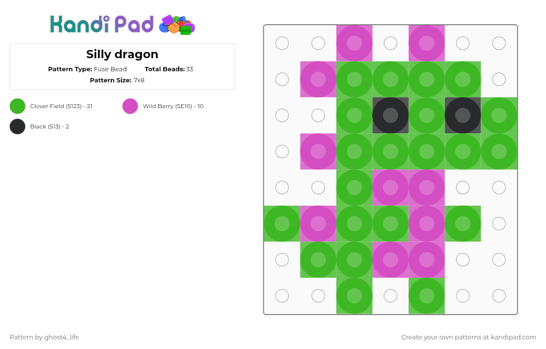 Silly dragon - Fuse Bead Pattern by ghost4_life on Kandi Pad - dragon,dinosaur,cute,simple,tiny,animal,fantasy,mythical,creature,green,pink