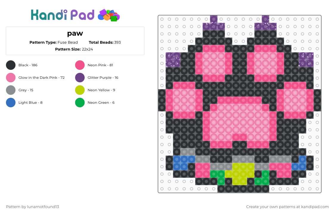 paw - Fuse Bead Pattern by lunarnotfound13 on Kandi Pad - black,pink,paw