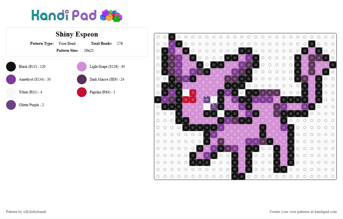 Shiny Espeon - Fuse Bead Pattern by sillykittykandi on Kandi Pad - pink,eveelution,evee,pokemon,kawaii,cute,espeon