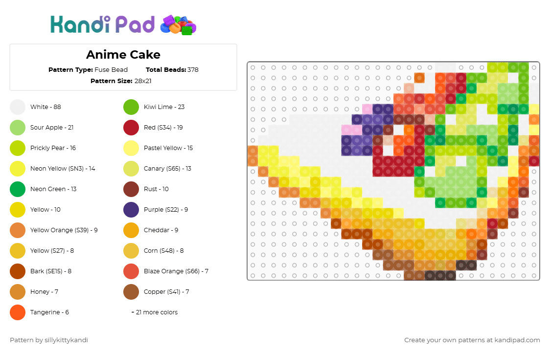 Anime Cake - Fuse Bead Pattern by sillykittykandi on Kandi Pad - green,orange,red,yellow,cake,yummy,dessert,food,sweet,anime,sugar,delicious