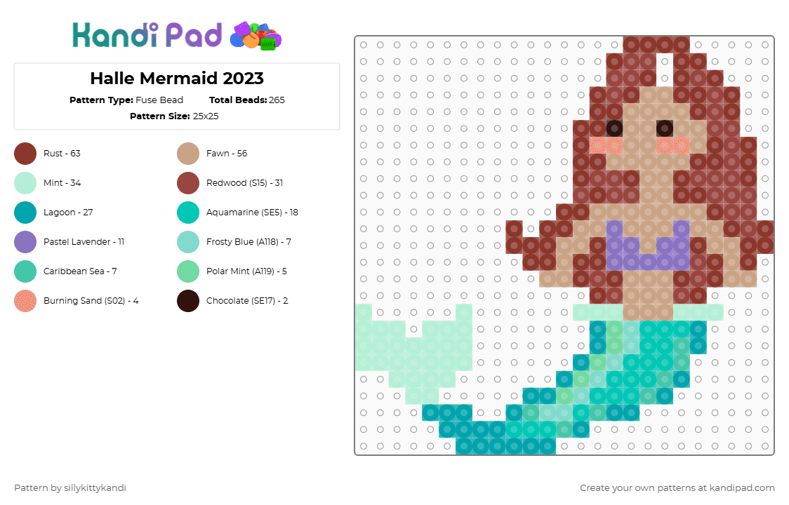 Pop Mermaid LA - Fuse Bead Pattern by sillykittykandi on Kandi Pad - ariel,little mermaid,character,mermaid,movie,disney,cartoon,red,beige,light blue,teal