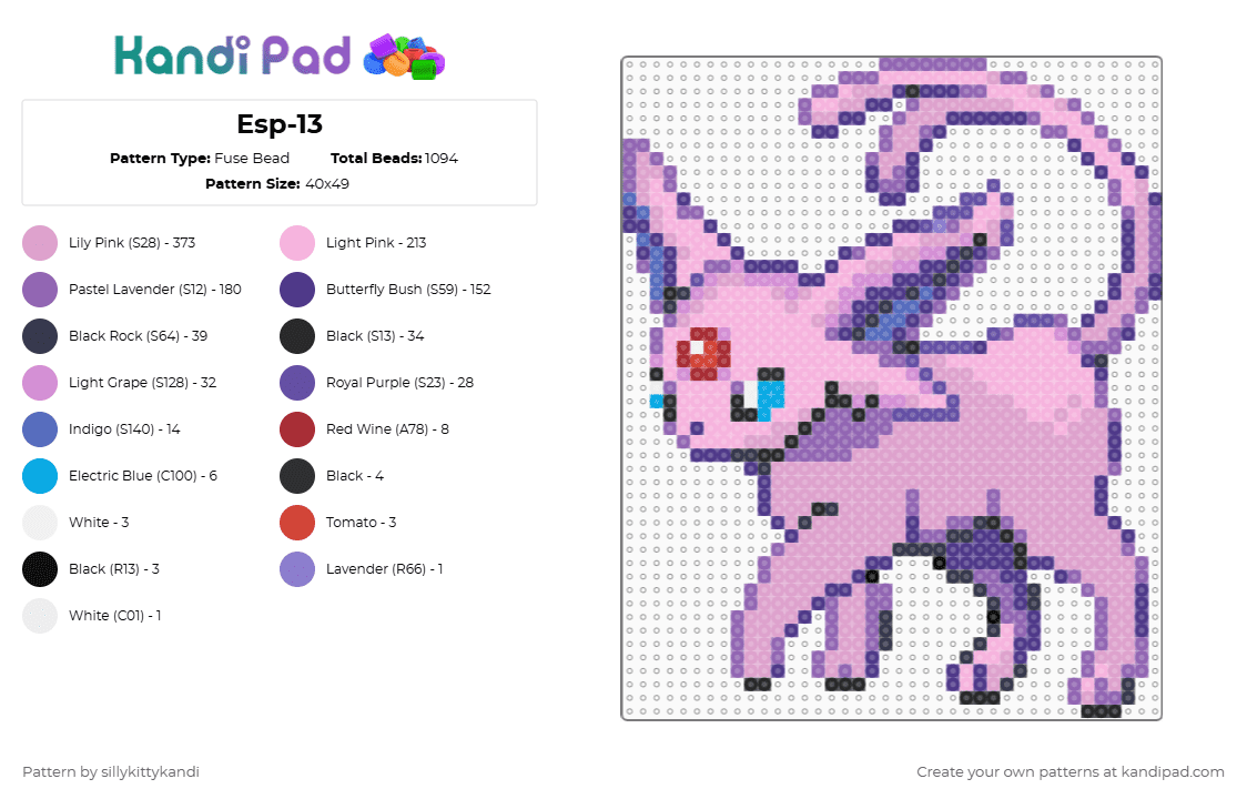 Esp-13 - Fuse Bead Pattern by sillykittykandi on Kandi Pad - espeon,pokemon,gaming,video game,pink,purple