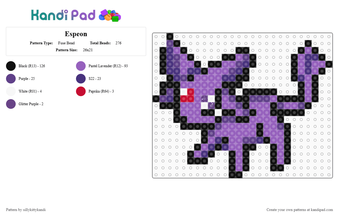 Espeon - Fuse Bead Pattern by sillykittykandi on Kandi Pad - purple,pink,evee,pokemon,anime,kawaii,espeon