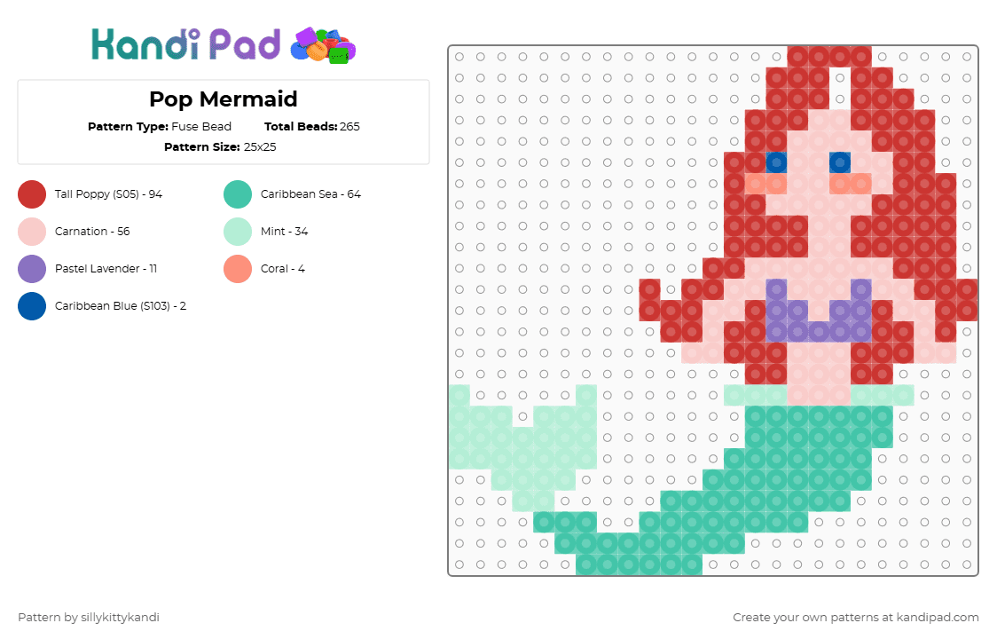 Pop Mermaid - Fuse Bead Pattern by sillykittykandi on Kandi Pad - ariel,character,red,beige,teal,mermaid,childhood,cute,redhead,characters,beginner,sillykittykandi,monstergirl