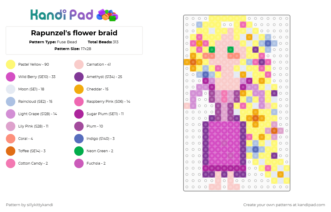 Rapunzel\'s flower braid - Fuse Bead Pattern by sillykittykandi on Kandi Pad - flower,braid,hair,disney,movie,nature,cartoon,yellow,pink,beige,rapunzel,tangled,cute,princess,childhood,purple