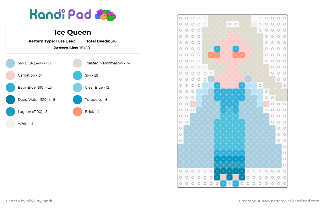 Ice Queen - Fuse Bead Pattern by sillykittykandi on Kandi Pad - beige,light blue,ice,queen,snow,snowqueen,princess,childhood,cute,beautiful
