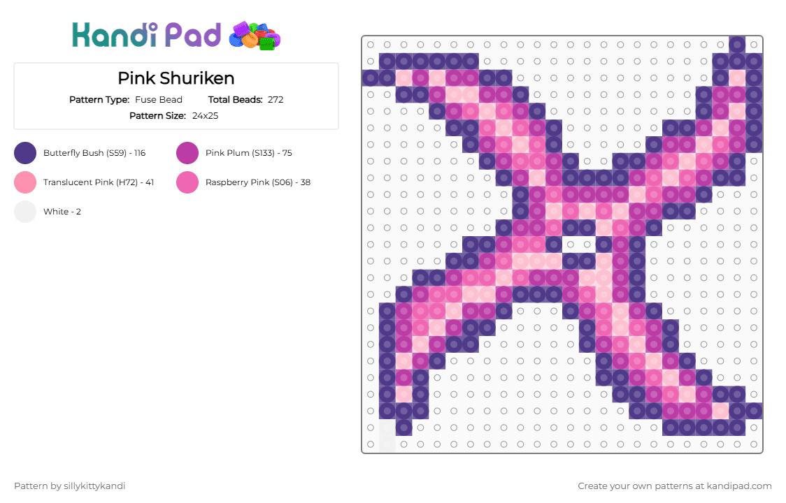 Pink Shuriken - Fuse Bead Pattern by sillykittykandi on Kandi Pad - anime, ninja, pink, purple, shuriken, weapons