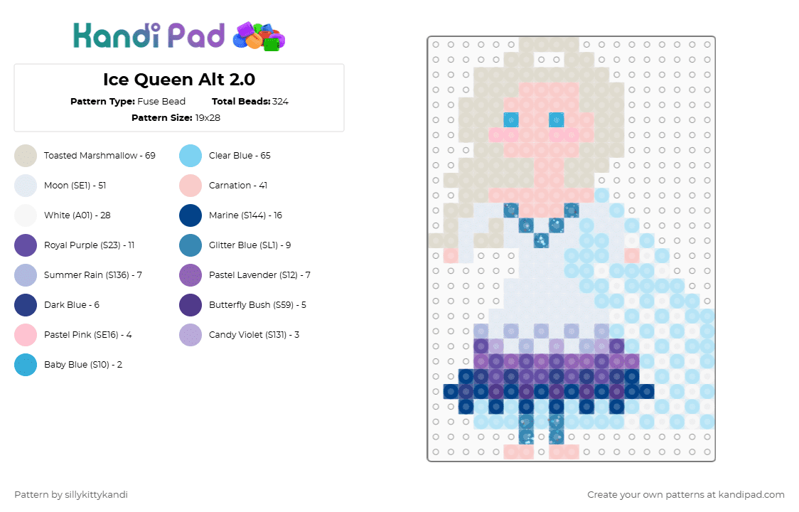 Ice Queen Alt 2.0 - Fuse Bead Pattern by sillykittykandi on Kandi Pad - beige,light blue,winter,ice,snow,frost,frozen,queen,childhood,princess