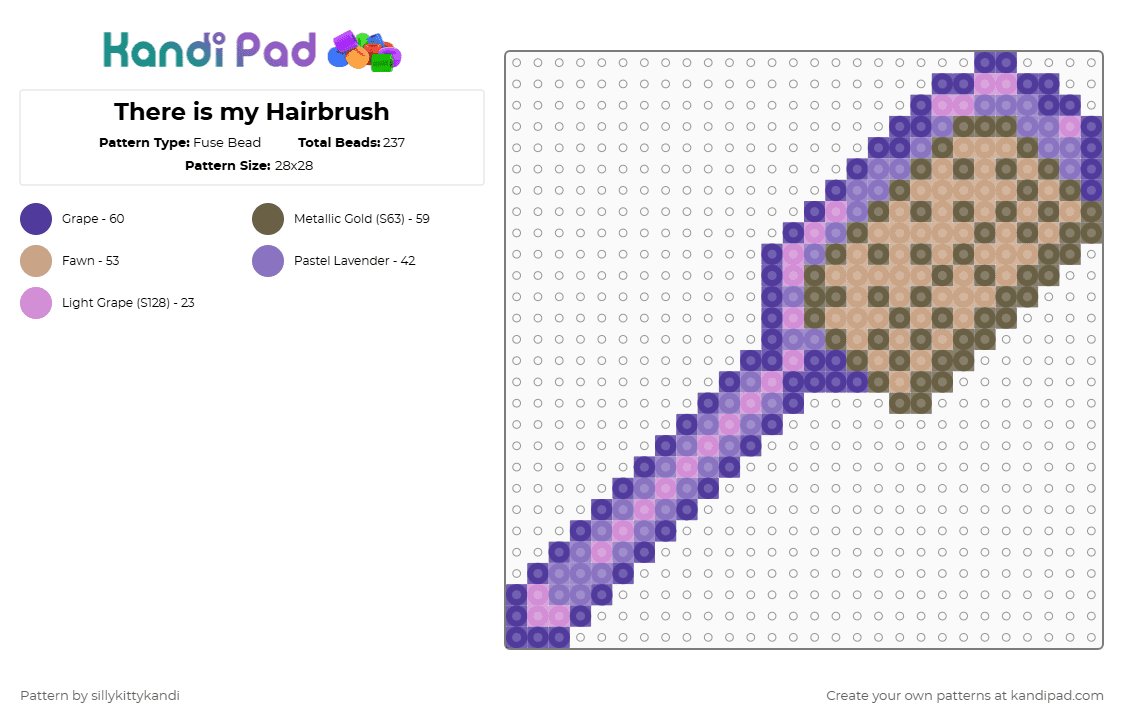 There is my Hairbrush - Fuse Bead Pattern by sillykittykandi on Kandi Pad - beige,purple,tan,hair,hairbrush,objects,everyday items,beauty,cosmetics,cute,femme