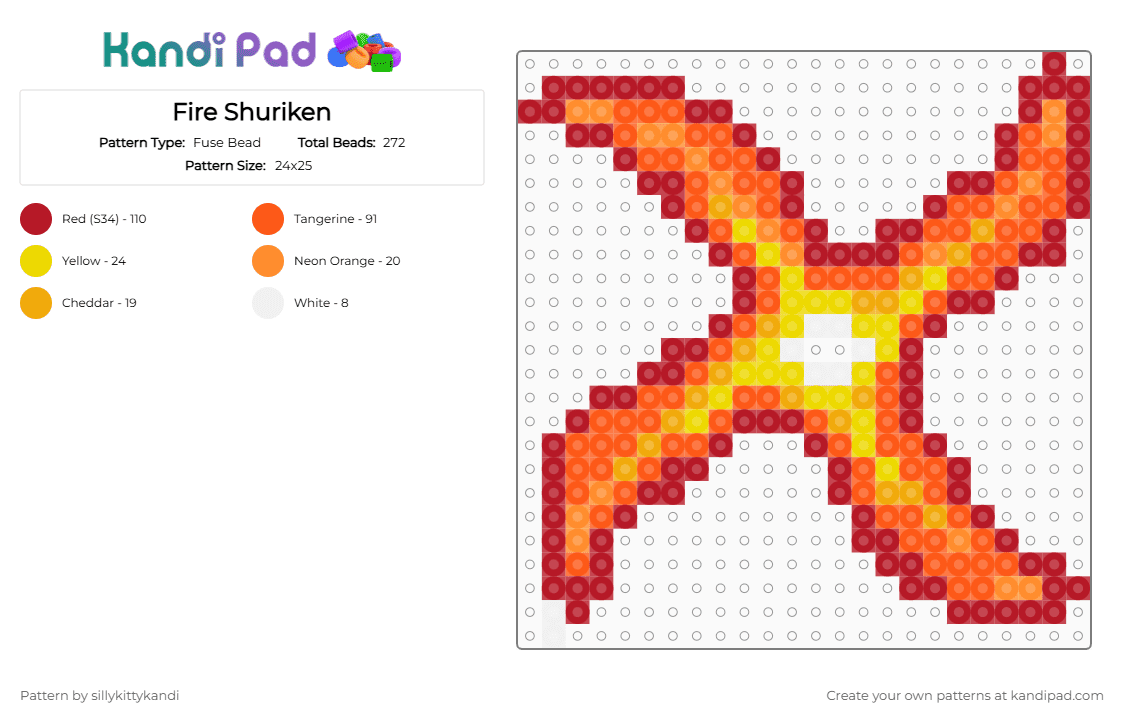 Fire Shuriken - Fuse Bead Pattern by sillykittykandi on Kandi Pad - orange,red,shuriken,anime,ninja,weapons,fire,warm