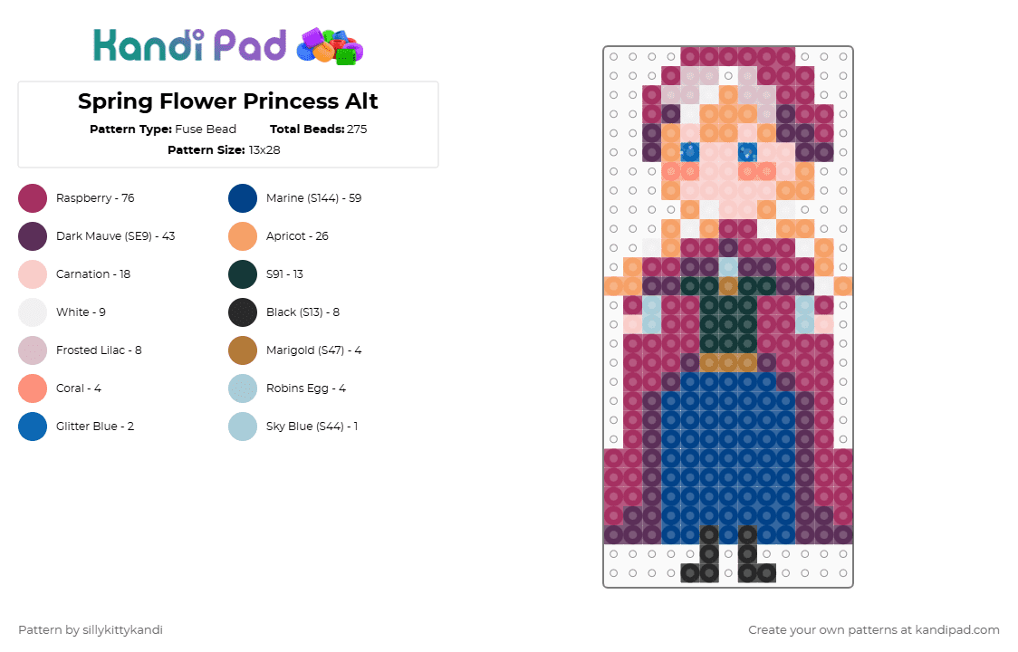 Spring Flower Princess Alt - Fuse Bead Pattern by sillykittykandi on Kandi Pad - blue,pink,winter,christmas,childhood,cute,princess,fairytale,strawberryblonde,pretty