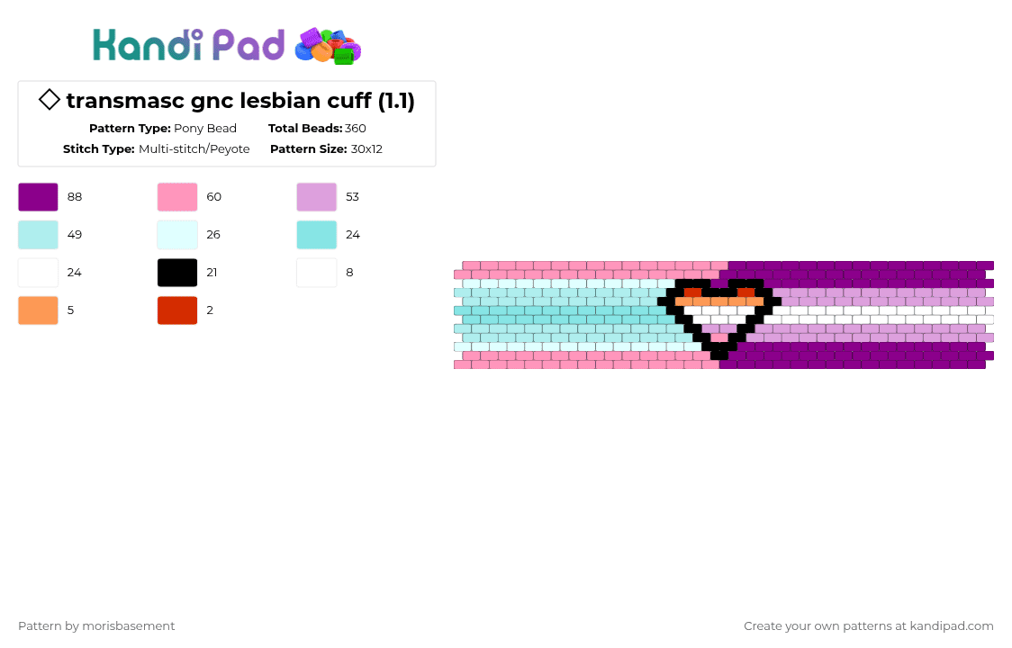 ◇ transmasc gnc lesbian cuff (1.1) - Pony Bead Pattern by chxsethevoid on Kandi Pad - pink,light blue,transmasc,trans,pride,lesbian,good faith,blue,lesboy