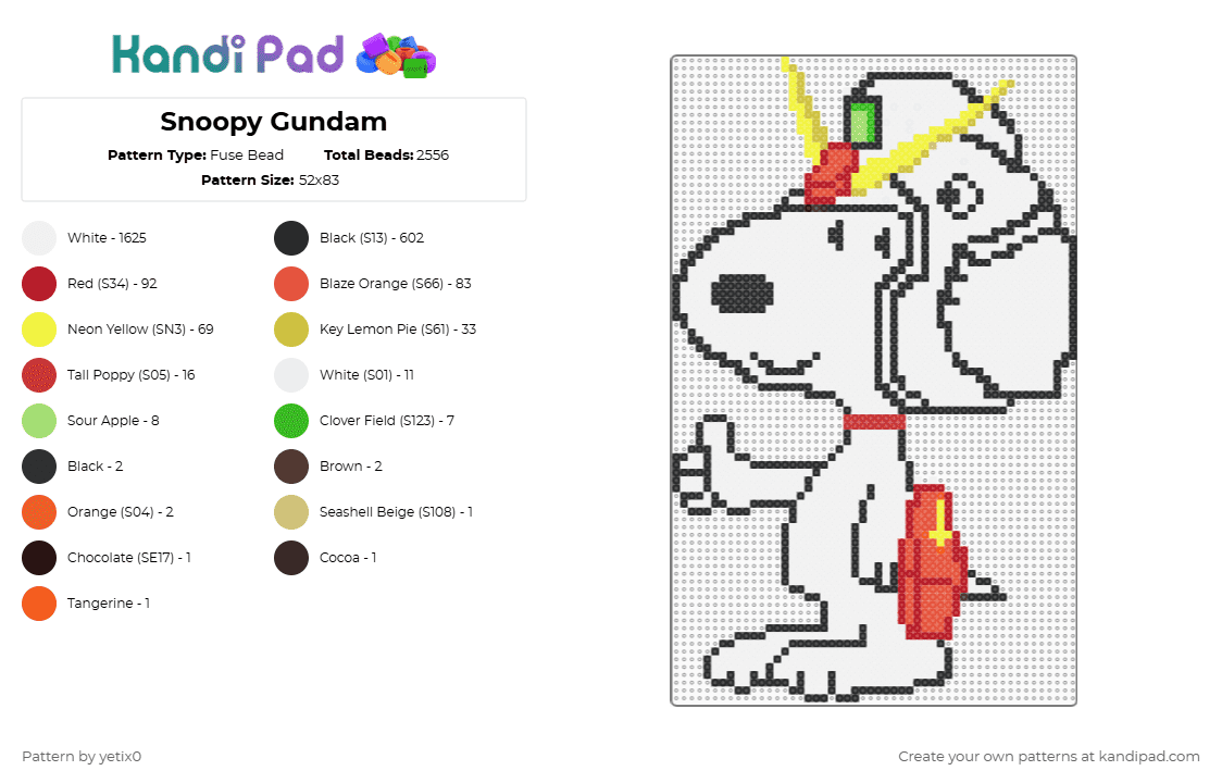 Snoopy Gundam - Fuse Bead Pattern by yetix0 on Kandi Pad - snoopy,costume,mashup,animal,cartoon,robot,anime,white,yellow,red,gundam,mech